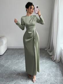 Elenzga Vestido largo de mujer elegante de satén liso con hombros fruncidos, manga larga y abertura lateral - Atuendo de mujer