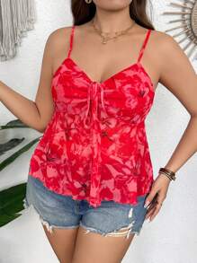 SHEIN VCAY Plus Size Women Floral Print Fashion Front Drawstring Design Camisole Vest
