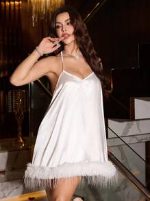 SilkySpell Sexy INS-Style Feather Trim Cami Dress With Backless Crystal Chain, High-End Satin Slip Dress, Sleepwear Luxeloungewear - White - View 5