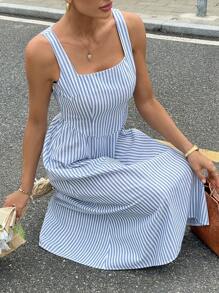 Siren Gaze Women's Summer 100% Cotton Blue Striped Square Neck Sleeveless Long Dress Daily Commuter Wear    Dresses For Women  Summer Outfits For Women  Beach Outfits For Woman  Vacation Outfits Woman  Western Wear Women    Work Summer Dresses Woman S Summer Clothes