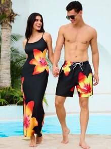 Manfinity VDAYZ Men's Floral Print Drawstring Waist Beach Shorts, Summer