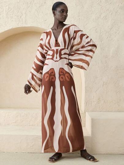 Ontre 2025 新款舒适休闲风格印花面料喇叭袖肩披肩领女式罩衫，适合音乐节、音乐会、乡村音乐节，四季百搭服装，腰部系带，棕色抽象印花