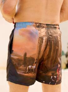 Manfinity Men's Summer Portrait Pattern Drawstring Waist Beach Shorts