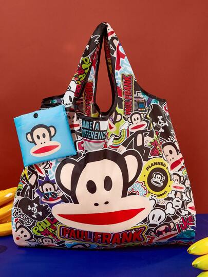 Paul Frank X SHEIN 1pc Cute Cartoon Monkey Printed Cool Polyester Foldable Shopping Bag, Tote Bag, Equipped With A Small Storage Bag With A Bead Chain, Can Be Hung On A Bag