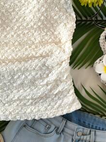 SHEIN 少女度假米色针织纹理面料不对称肩部系带袖口褶皱腰部修身上衣，适合派对、城市街道、海滩、夏季 - 杏色 - 查看 6