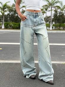 Muchica Quần Jeans Ống Rộng Đính Đinh Tán Ngôi Sao Mùa Hè Cho Nữ - Màu xanh Ô liu - Xem 6