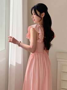 DAZY Women's Pink Waist-Cinched Ruffle Hem Long Dress, Vacation Style - Pink - View 3