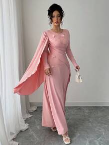 Modelyn Abito lungo con maniche lunghe, vita asimmetrica, frange e toppe in rete ricamata per le donne