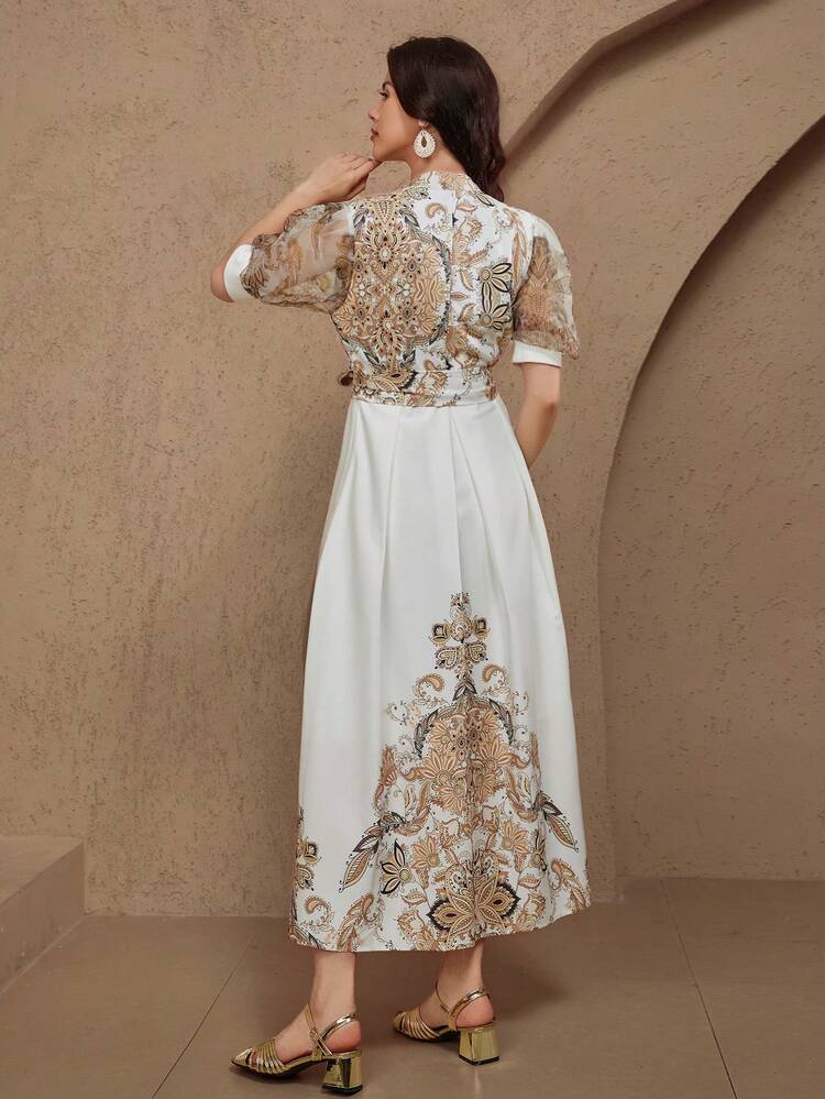 Women's Vacation Floral All-Over Print Contrast Trim V-Neck Puff Sleeve Tie-Waist Bowknot A-Line Maxi Dress, Elegant Resort Summer Dress For Graduation, Wedding Guest,Formal Women Dresses