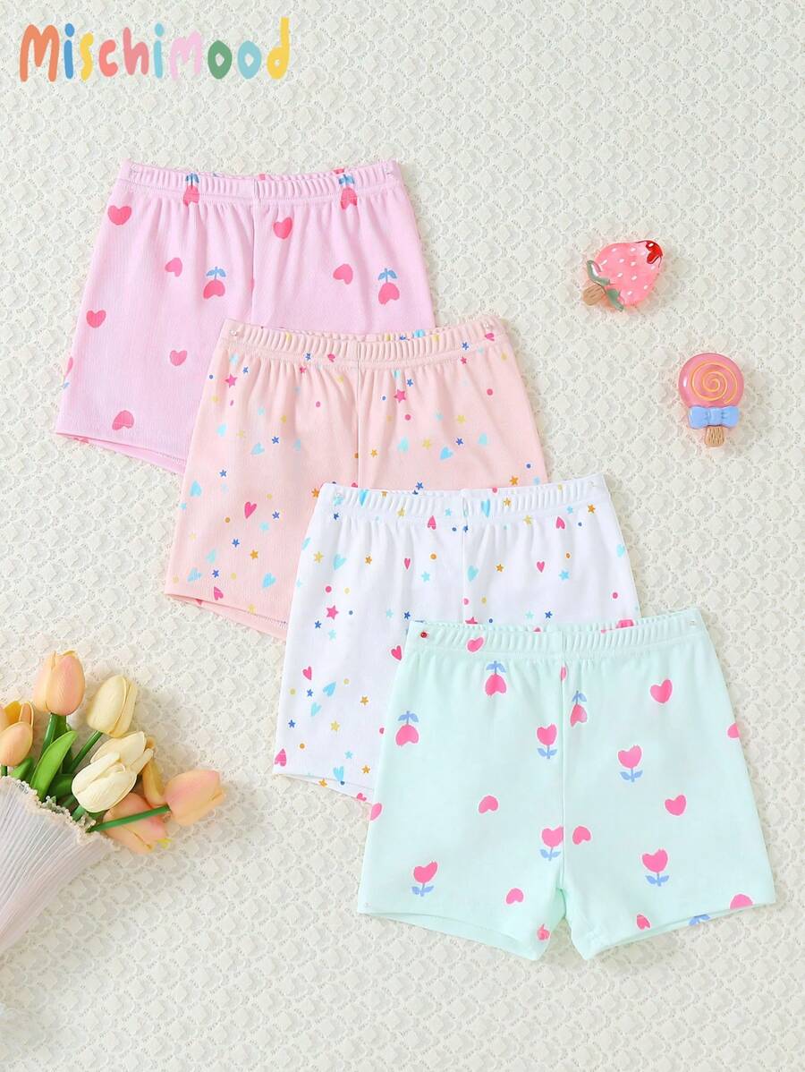 4 Pcs/Set Girls Heart, Star, Floral Print Fashionable Thermal Leggings Underwear - Multicolor - View 1