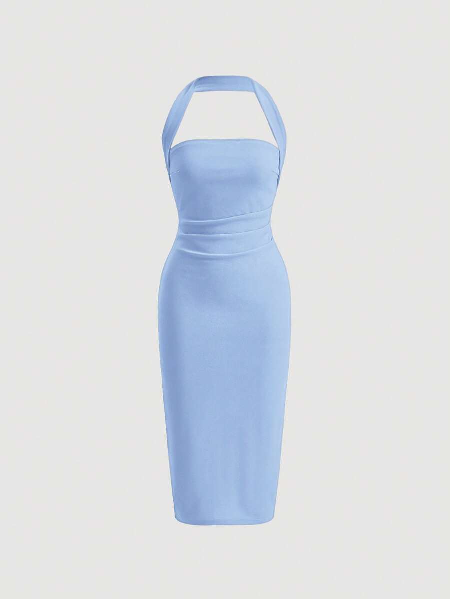 Firerie Solid Ruched Halter Neck Backless Bodycon Dress Blue