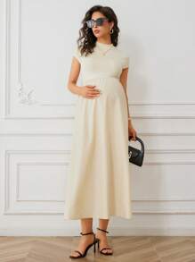 MaterniWear Solid Color Short Sleeve Maternity Dress, Fashionable For Summer - Apricot - View 5