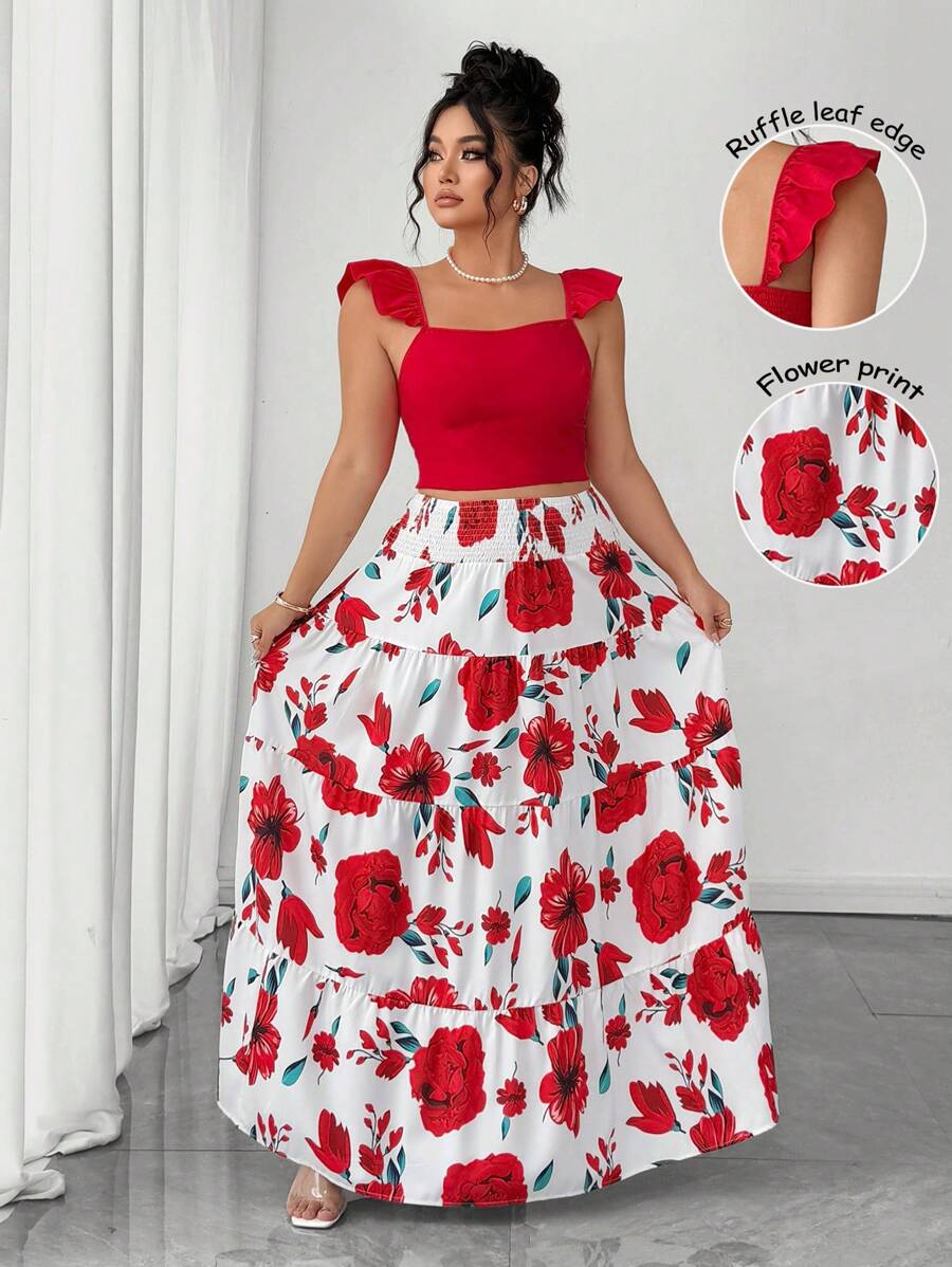 SHEIN PETITE CURVE 2pcs Women Sexy Ruffle Floral Print Bikini Set - Red - View 1