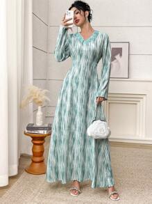 Al Najma Damen elegantes langärmliges Kleid mit ganzflächigem Muster und tailliertem Bund, dezent