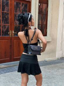 INAWLY Conjunto de top de tirantes con panel de encaje y lazo y falda evasé con empalmado de encaje de unicolor para mujer - Negro - Ver 2