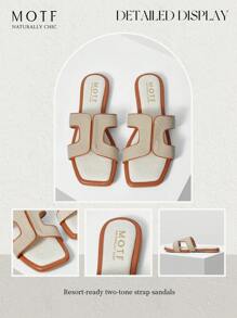 MOTF PREMIUM WOMEN CASUAL AND SIMPLE SUMMER CONTRAST BINDING HOLLOW OUT SQUARE TOE FLAT SANDALS, FOR NEW YEAR HOLIDAY, SPRING SHOES SPRING BREAK EASTER FOR CHRISTMAS - Brown - View 11