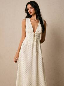 Poéselle Women's Summer Casual Polka Dot Print Tie Front V-Neck Dress,Business Casual Woman Business Women Attire