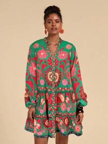 Travachic 印花宽松罩衫连衣裙，长袖，墨西哥女装，度假休闲连衣裙 - 綠色 - 查看 6