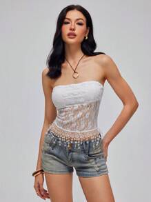 Roylia Parte superior de mujer al estilo europeo y americano con volante de encaje contrastante en el bajo tipo bandeau - Blanco - Ver 1