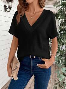 EMERY ROSE Women's Solid Color V-Neck Short Sleeve Casual T-Shirt - Black - View 5