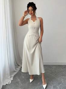 Gloray Tuta elegante e casual per donne, con scollo a v e allacciatura sul collo, in colore unico, adatta per l'estate e per l'ufficio