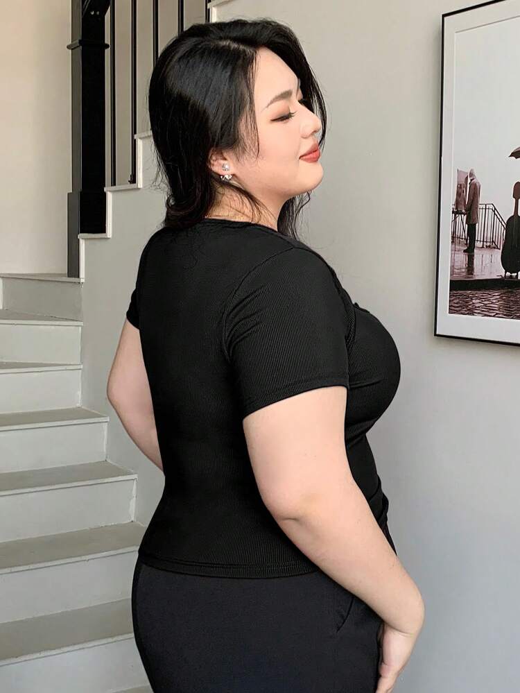 Dazy Plus Plus Size Elastic Fitted Round Neck Hollow Out Short Sleeve T-Shirt, Chinese New Year, Spring/Summer