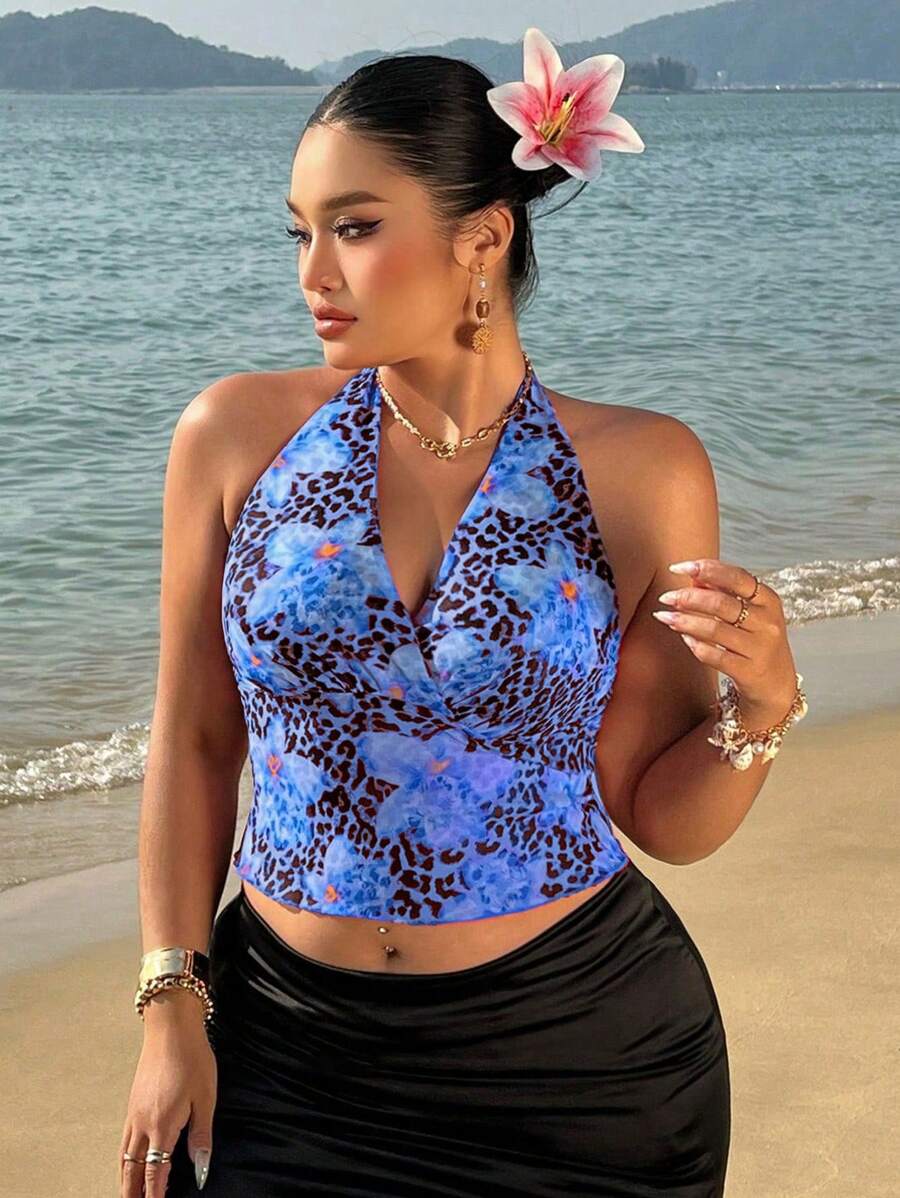 SHEIN MOOSTA 女士露背吊带花卉豹纹网纱上衣，甜美时尚，适合夏季海滩度假 - 藍色 - 查看 1