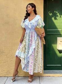 Breezaya Rochie ocazională de vacanță, cu decolteu în V, cu mâneci bufante - Albastru - Vizualizare 7