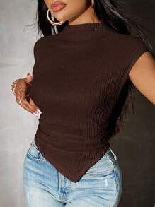 SHEIN SXY Elegant Romantic Solid Color Asymmetric Hem Short Sleeve Knit T-Shirt, Summer