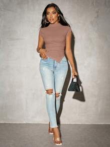 SHEIN SXY Summer;Solid Color Asymmetrical Hem Knit T-Shirt For Women, Spring - Redwood - View 4