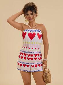 Travachic Plus Size Heart Print Casual Vacation Strapless Jumpsuit  Tropical Flowers Tropical Vacation Woman Clothes Beach Outfits For Woman Rompers - Multicolor - View 3