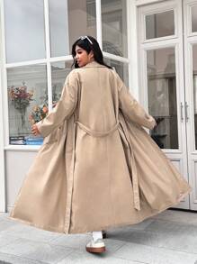 SHEIN Tall CURVE Cappotto lungo casual con maniche lunghe da donna taglia grande colore cachi, abbigliamento casual da donna per l'autunno e l'inverno - Cachi - Visualizzare 6