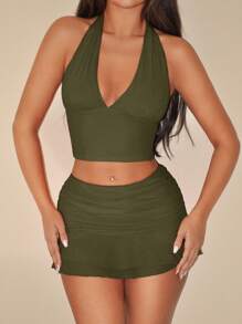 SHEIN ICON 露背上衣和低腰褶皱欧根纱迷你裙两件套 - 軍綠色 - 查看 1