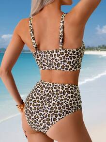 Swim Lushoire 女士沙滩装，休闲优雅宽松宽肩带扭纹豹纹随意上衣和高腰豹纹性感比基尼套装 - 彩色 - 查看 2