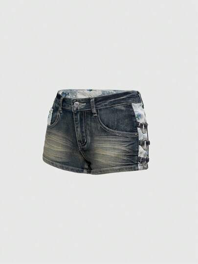 J-Fashion Shorts di jeans stile vintage Y2K con dettagli in pizzo floreale patchwork
