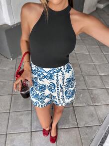 SHEIN Essnce 2025 Summer Women Stylish Two Pieces Set With Spaghetti Strap Tank Top, Blue Porcelain Print Shorts | Beach Vacation Outfits, Elegant Casual Summer Outfits - Multicolor - View 3