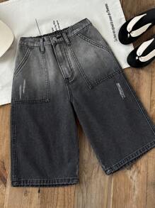 SHEIN Tween Boy Fashion Casual Denim Gradient Washed Black Loose Design Loose And Comfortable Basic Daily Simplicity Shorts Denim Jeans For Kids Clothes Boys Soft Dailywear And Kids Summer And Spring Clothes - Black - View 2
