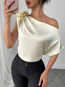 SHEIN Clasi High-End Satin Apricot Color Oblique Shoulder 3D Floral Detail Women's Blouse Work Women Business Casual Woman Teacher For Women Top Work Women - Apricot - View 3