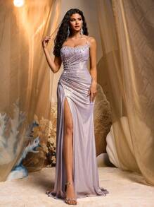 Glamrae Elegante y lujoso vestido de punto fruncido con abertura, decorado con cuentas y cristales, adecuado para bodas, fiestas, vacaciones, galas y ocasiones formales (con gran cantidad de decoración), vestido de fiesta, vestido de gala, para la noche, invitado de boda