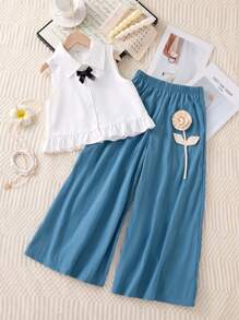 Ensemble blouse blanche à nœud et boutons + pantalon long casual à fleurs bleues pour préadolescentes, été - Bleu et Blanc - Voir 3