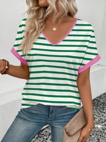 SHEIN VCAY Women's Casual Contrast Collar And Cuff Striped Print Pattern Fashion T-Shirt - Multicolor - View 5