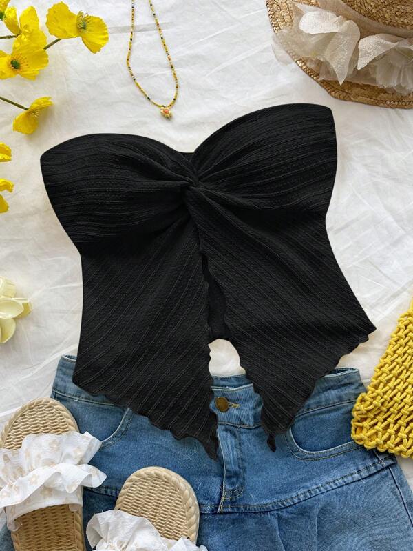 SHEIN Parte superior de tubo texturizada en color mostaza y negro, estilo de resort para el Día de San Valentín, para adolescentes, con detalle de giro en la parte delantera y blusa ajustada con volantes. Adecuado para el té de la tarde, streetwear, vacaciones, para usar en capas o como atuendo para fiestas, otoño/invierno/lindo/vacaciones