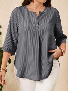Rusticease Blusa de rayas con bajo curvo de estilo informal de vacaciones para tallas grandes