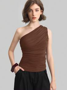 Ontre 2025 Nowy Letni Jedno Ramię Pleców Marszczony Obszycie Camisole Dla Kobiet, Nadaje Się Na Wakacje Na Plaży, Klub, Mundur Nauczycielski, Koncert Muzyki Country, Streetwear, Styl Sztokholmski, Dzień Niepodległości, Jednolity Kolor - Brązowy - Zobacz 4