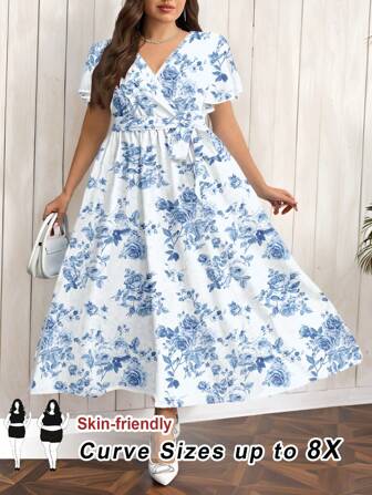 SHEIN CURVE+ 大码夏季度假 V 领宽松连体裤连衣裙，带花卉印花和开衩下摆细节，女式，情人节连衣裙，曲线加大码，波西米亚风度假，飘逸连衣裙，女士太阳裙，女士海滩装/沙滩裙/海滩度假装/海滩必备品/毕业/茶会礼服