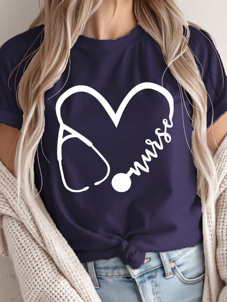 Calvaya Camiseta de manga corta y cuello redondo talla grande con estampado de corazón para el Día de la Enfermera - Azul Marino - Ver 1
