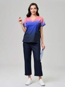 TaskEZ Women Ombre V-Neck Short Sleeve Top And Pants Scrub Uniform Set - Navy Blue - View 1