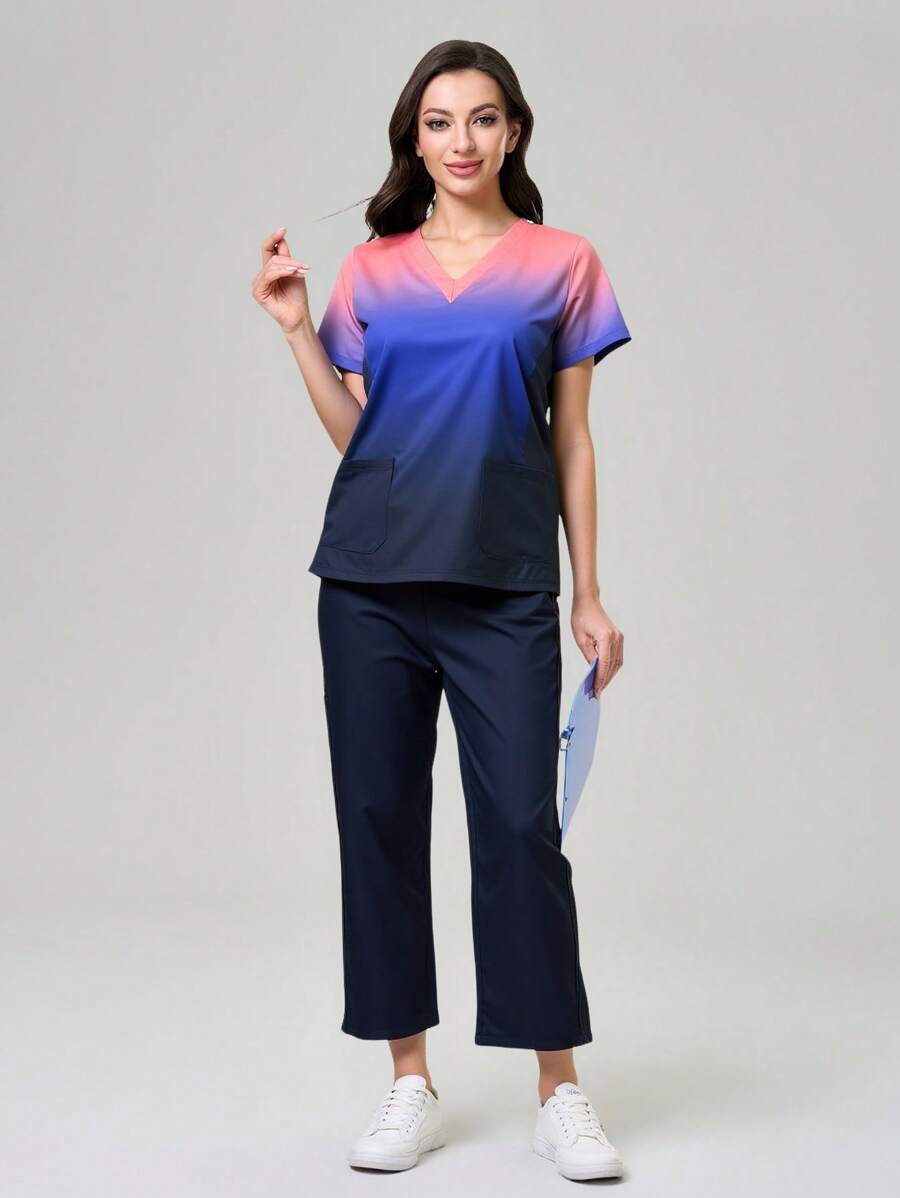 TaskEZ Women Ombre V-Neck Short Sleeve Top And Pants Scrub Uniform Set - Navy Blue - View 1