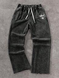 Men's Printed Sweatpants, Young Street Style, Ins-Inspired Cotton Simple Star & Letter Graphic Sweatpants; Men's Casual Cotton Loose Version Pants; Casual Relaxed Drawstring Waist Pants; Cotton Fabric With Slight Distressed Wash Effect, Loose Leg Opening Design, Special Pocket Styling, Overall Showcasing A Casual, Relaxed Street Style, Suitable For Daily Matching, Leisure, Fashion Outfit, Street Casual Wear; Holiday Gift, Boyfriend Gift
