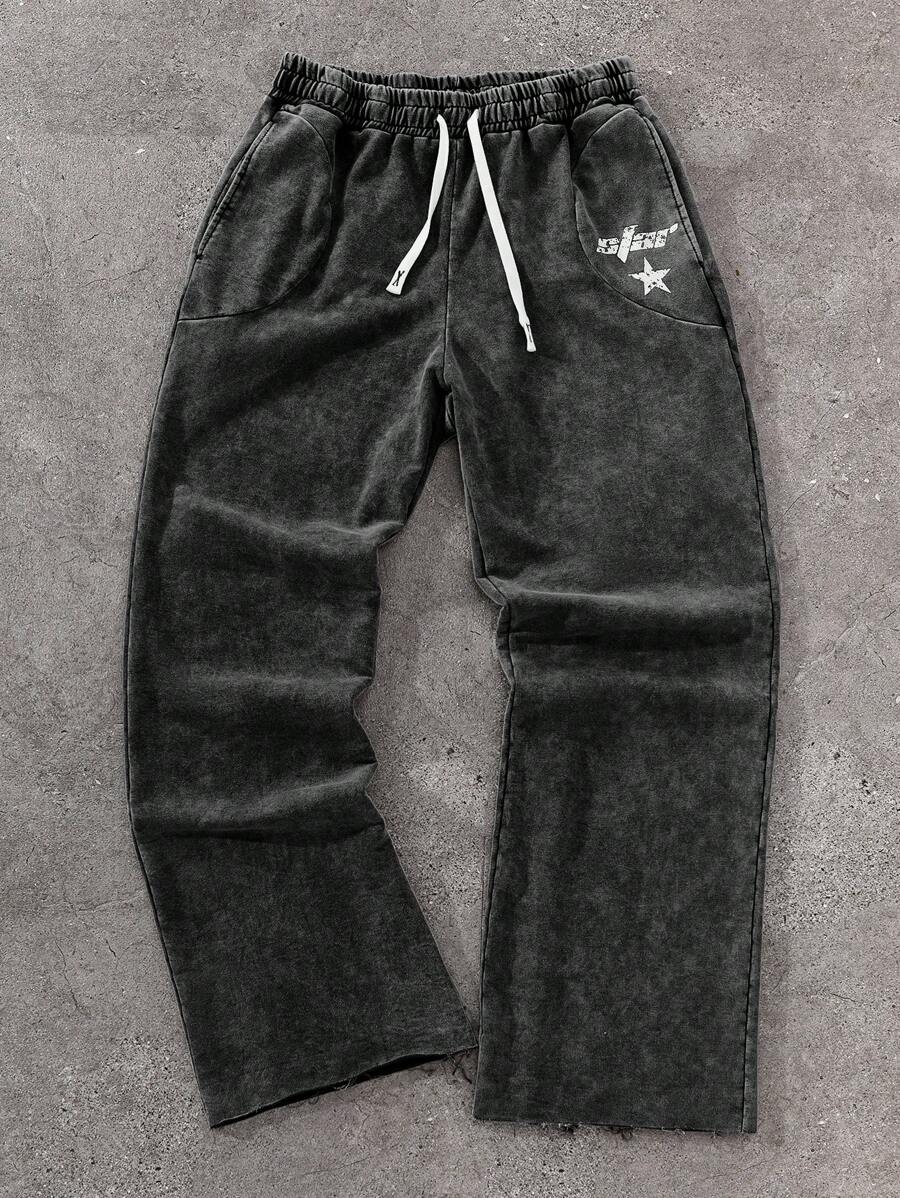 Men's Printed Sweatpants, Young Street Style, Ins-Inspired Cotton Simple Star & Letter Graphic Sweatpants; Men's Casual Cotton Loose Version Pants; Casual Relaxed Drawstring Waist Pants; Cotton Fabric With Slight Distressed Wash Effect, Loose Leg Opening Design, Special Pocket Styling, Overall Showcasing A Casual, Relaxed Street Style, Suitable For Daily Matching, Leisure, Fashion Outfit, Street Casual Wear; Holiday Gift, Boyfriend Gift